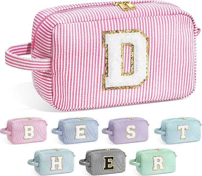YOOLIFE Birthday Gifts for 6 7 8 9 10 11 12 13 14 15 Year Old Teen Girl - Initial Makeup Bag Letter Toiletry Pouch Cosmetic Case, Personalized Teen Girl Gifts Trendy Stuff Party Favor, Pink D
