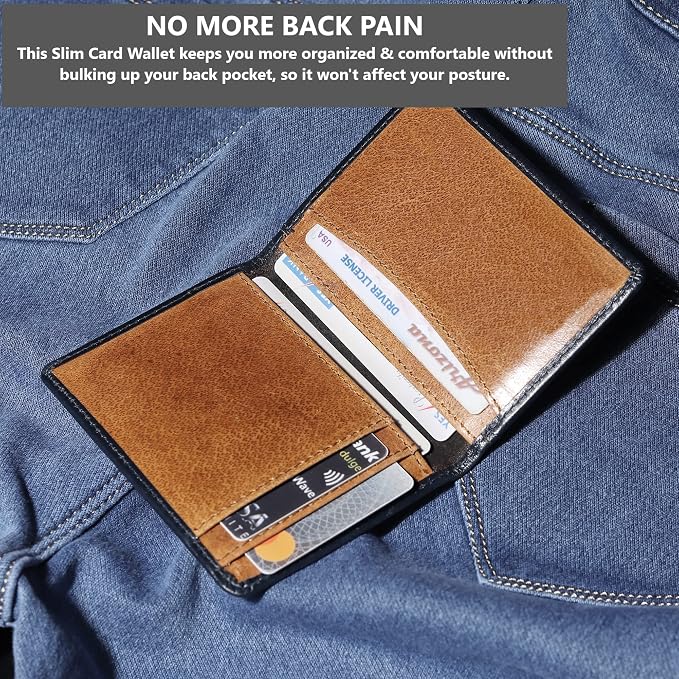FOXHACKLE Full Grain Leather Credit Card Holder for Men and Women, Slim Bifold RFID Blocking Wallet, Thin Front Pocket Minimalist Wallet, Small Card Case.