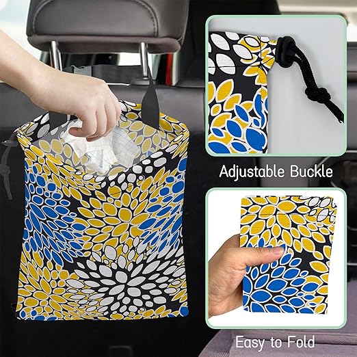 Chrysanthemum Car Trash Bag,Aster Flowers Hanging Drawstring Car Garbage Bag,Waterproof Canvas Car Back Seat Organizer with Adjustable Buckle,for Vehicles,SUVs,Camping,Road Trips