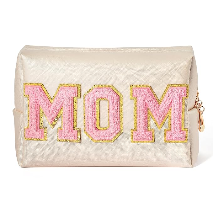 Y1tvei Preppy MOM Cosmetic Bag for Mother, Patch PU Leather Waterproof Makeup Bag with Zipper, Varsity Letter Toiletry Pouch Travel Organizer Mama to Be Gift for Birthday Mother's Day Baby Shower