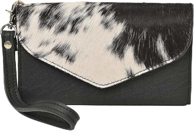 Merbaa Leather Wallet for Women, Wristlet Bifold Card Cash Phone Wallet Ladies Cowhide Hair-On Travel Clutch Purse, Slim Bifold Organizer with Card Slots, Zip Coin Pocket & Magnetic Closure, Black