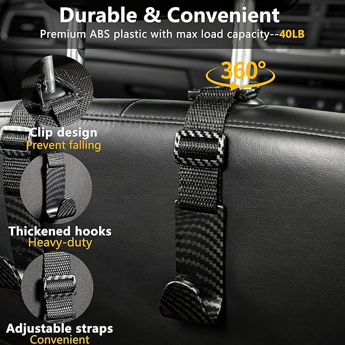 Amooca Headrest Hooks for Car Adjustable 4 Pack Vehicle Seat Back Organizer Storage Hanger Holder for Purse Bags Universal Fit with Clip Black Carbon Fiber