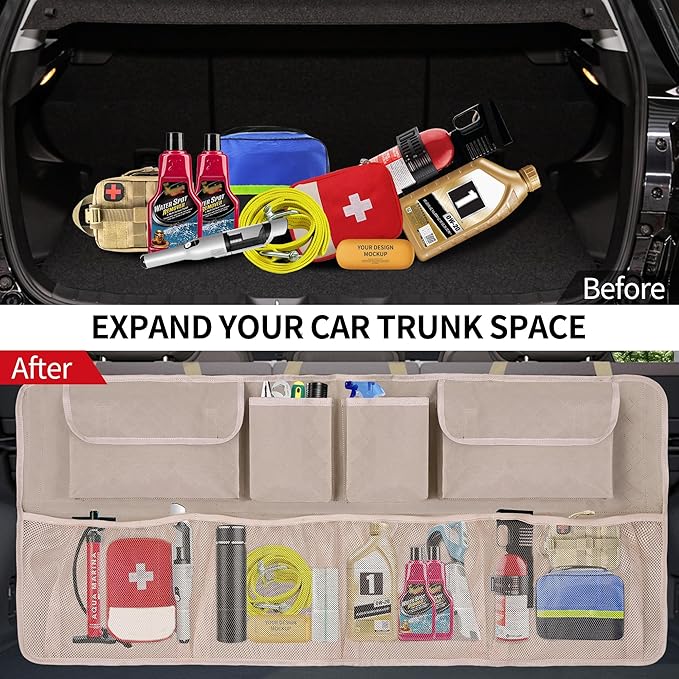 Car Trunk Organizer and Storage, Large Capacity Backseat Hanging Storage Accessories, Backseat Car Organizer for SUV/MPV/Truck (Khaki)