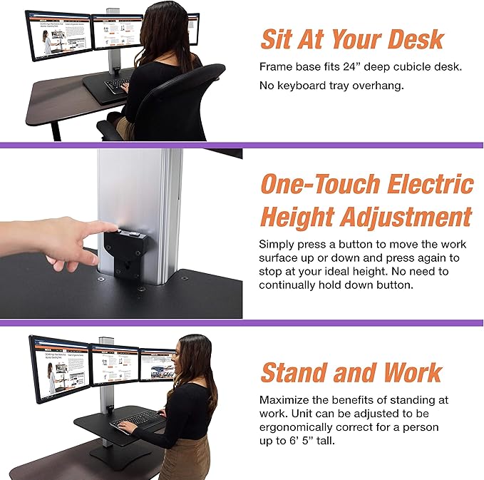 Victor DC475 High Rise Electric Triple Monitor Standing Desk Converter | Three Large Monitor Sit-Stand Desk | 28??Wide Work Surface | Compatible with Any Standard Desk | Adjustable Monitor Holder