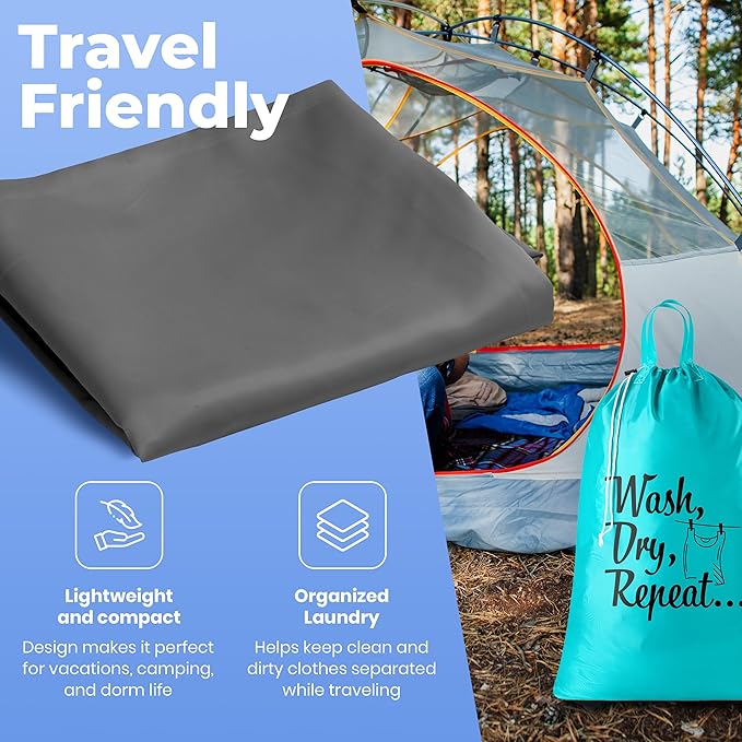 Extra Large Travel Laundry Bag - 2-Pack Fun Print Design Bags for Dirty Clothes - Durable Water-Resistant Fabric - Sturdy Drawstring Closure (Teal-Grey | Wash Dry Repeat)