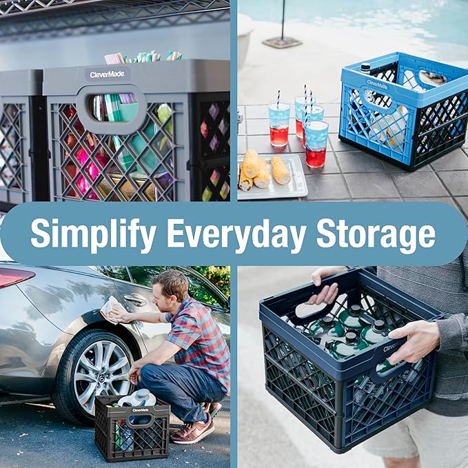 CleverMade Collapsible Milk Crate 25L (6.6 Gal) 3 Pack, 50 lb Capacity Heavy Duty Folding Crate – Stackable Storage Crates with File Rails, Plastic Collapsible Crates - Stone