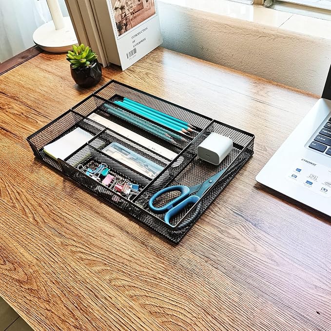 Metal Mesh Desk Drawer Organizer Tray, 6-Compartment Office Drawer Organizer for Pens Supplies, 12.6"x8.27"x1.57" Black