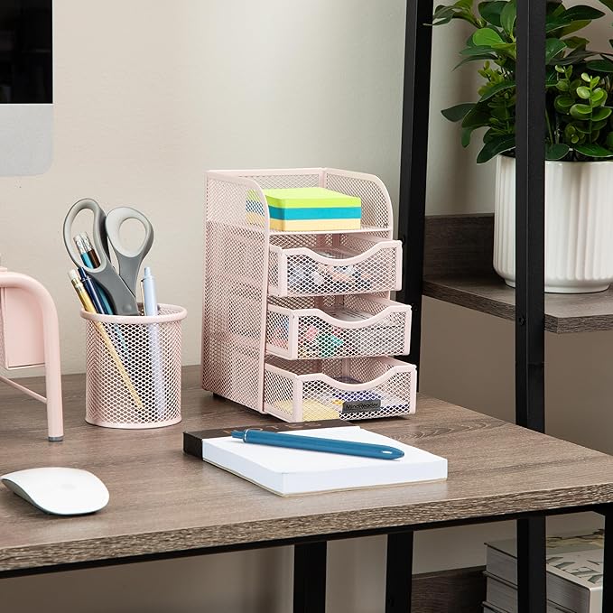 Mind Reader Desktop Accessory Storage, Paper Binder Clip Basket, Workspace, Office, Metal Mesh, 4.75"L x 5"W x 8"H, Pink