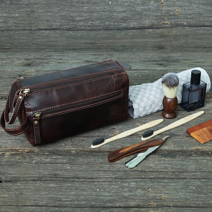 Toiletry Bag | Leather Dopp Kit for Men & Women – Water-Resistant, Durable & Stylish – Travel Organizer with Multiple Compartments | Grooming Essentials, Shaving & Makeup Pouch (Brown)