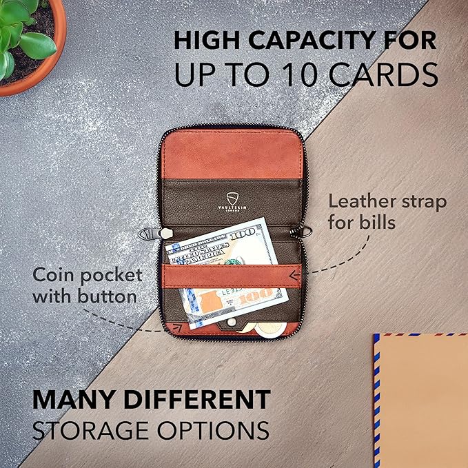 Vaultskin NOTTING HILL Minimalist Leather Zipper Wallet for Women and Men: Slim Multi Cardholder with RFID Blocking and Keychain Ring