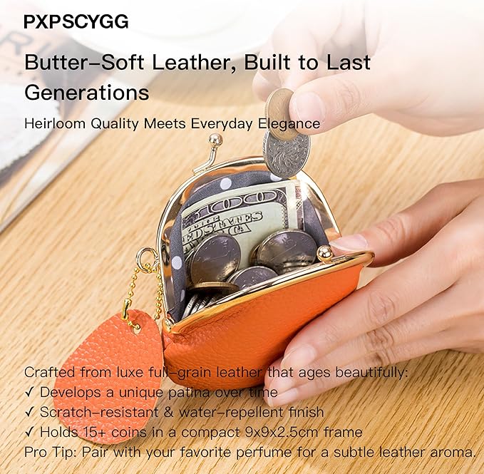 Women’s Small Coin Purse, Vintage PU Leather Change Purse, Coin Bag with Kiss Lock, Mini Coin Purse for Women (Khaki)