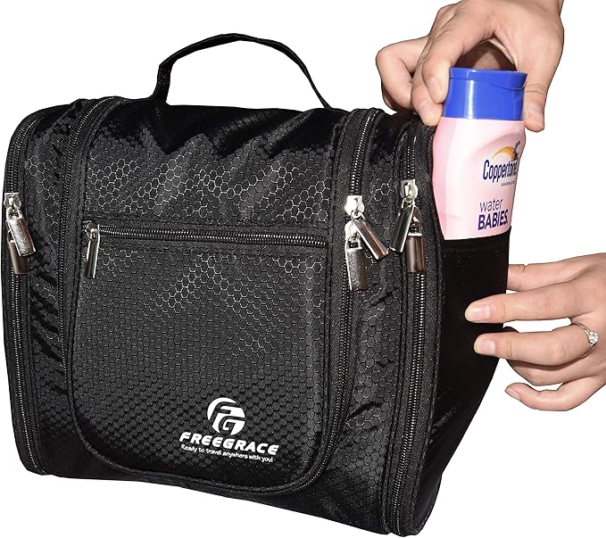 Freegrace Extra Large Hanging Toiletry Bag for Men and Women - Water-Resistant Nylon Travel Bathroom Organizer for Cosmetics, Makeup, and Toiletries