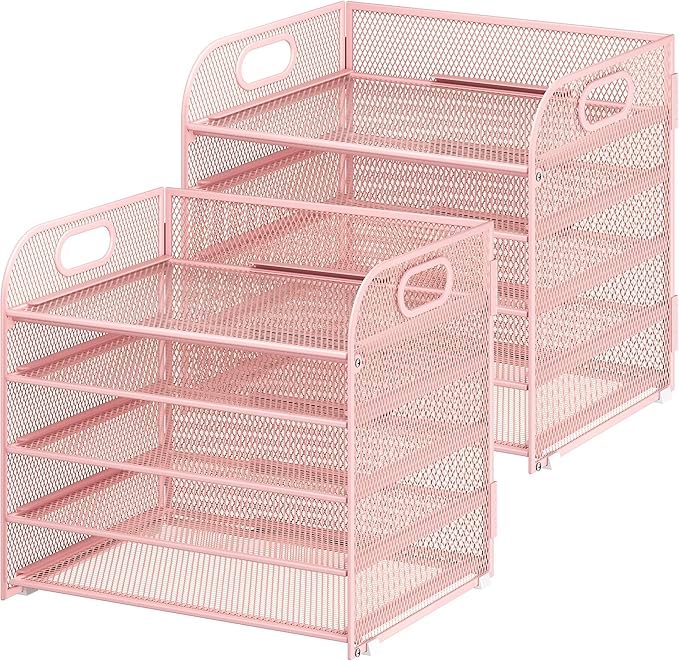 Cawukege 2 Pack 5 Tier Paper Organizer, Letter Tray with Handle, Mesh Desk Organizer, Metal File Organizer, Office Desk Accessories for Home, Office, Classroom, School -Pink