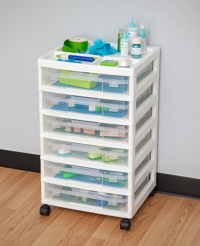 IRIS USA Fits 12" x 12" Paper, 6-Tier Scrapbook Rolling Storage Cart with Organizer for Stationery Vinyl Tools Office Art and Craft Supplies, Yarn, 6 Clear Cases w/Built in Handle - White/Clear