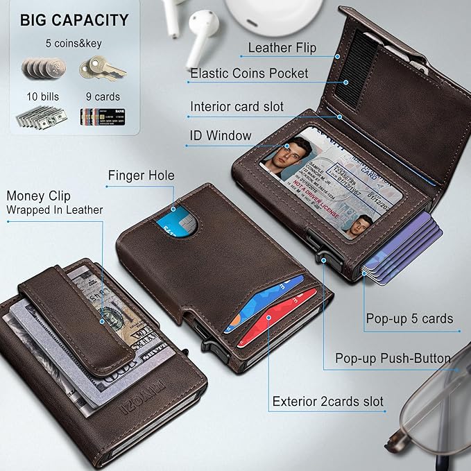 miyozi Men Wallet,with Money Clip Coins Pocket ID Window,Slim Front Pocket RFID Blocking Pop-up Card Holder 3.9"x 2.7", Gift Boxed