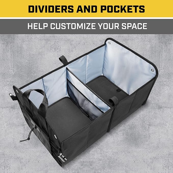 CAT® FlexTrunk Car Trunk Organizer Storage - Collapsible Dual-Compartment Automotive Adjustable Pockets Expandable Sturdy Multipurpose Folding Cargo Store for Auto Backseat, Black (CATO-201)
