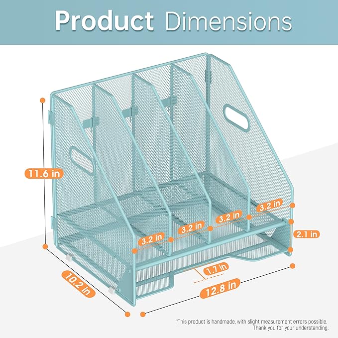 Docnest Desk File Holder Sorter, 4 Vertical Compartments Rack with Letter Tray, Mesh Magazine File Holder with Handle,Workspace Organizers,Desk Organizers for Paper, Mail, Documents-Blue