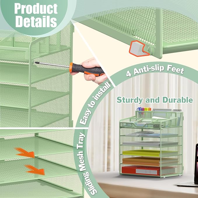 Docnest 6 Tier Mesh Desk Organizer for Paper Office Supplies – Multi-Functional Letter Tray with 5 Adjustable Compartments, 6 Pen Holders, Desktop Storage for Files, Mail, Stationery – Green