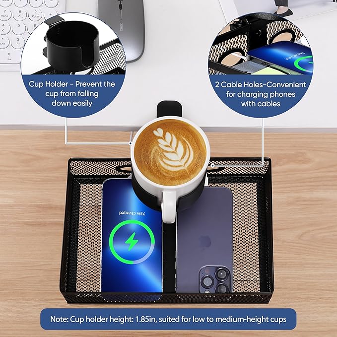 360 Rotating Under Desk Drawer Organizer with Cup Holder Clamp On Desk Drawer No Drilling Table Management Tray Anti-Slip Swivel Pencil Drawer Under Table Storage Easy Install for Home Office