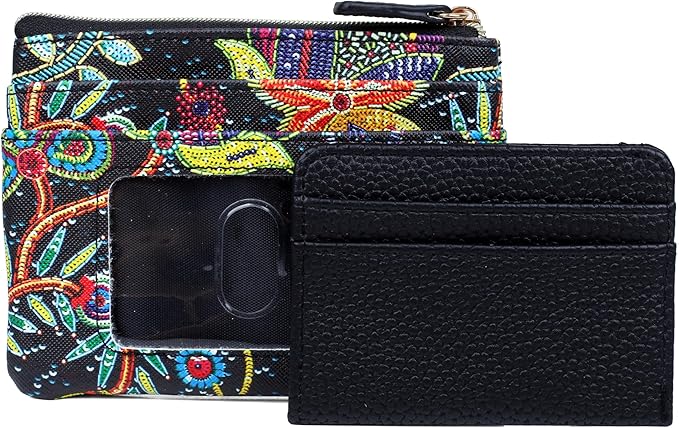 Julia Buxton Vegan Leather Wallet with Zipper, ID Windows, RFID Blocking, Card Slots & Key Ring, Compact Coin & Card Holder Case, Gift Idea,Sequin Flower