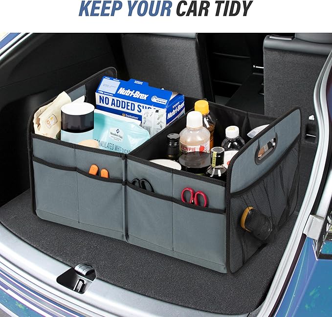Simple Deluxe Car Trunk Organizer for SUV, Collapsible 2 Compartment 50L Automotive Storage Box with 5 Pocket, 600D Waterproof Oxford Polyester & Non Slip Bottom, Reinforced Handle, Grey-Green
