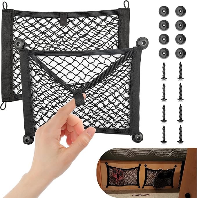RED WOLF 2 Layer Small Mesh Cargo Net Elastic Storage Netting 2 Pcs Stretchable Car Organizer Net 14×10 Inch for Trunk RV Boats Home Auto Cargo Net Pocket with Screws and Hooks