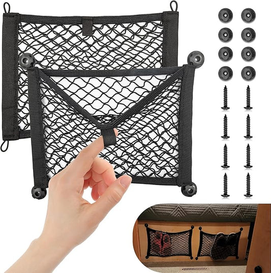 RED WOLF 2 Layer Small Mesh Cargo Net Elastic Storage Netting 2 Pcs Stretchable Car Organizer Net 14×10 Inch for Trunk RV Boats Home Auto Cargo Net Pocket with Screws and Hooks