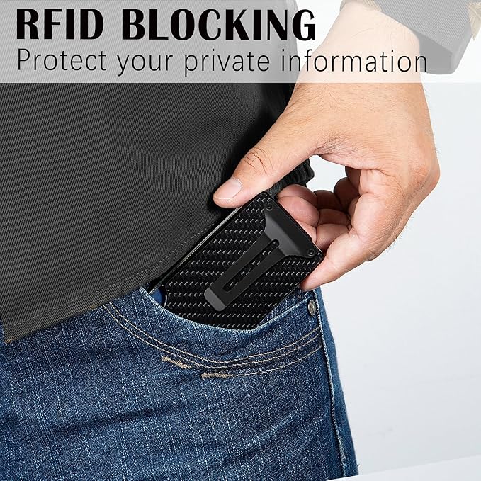 Slim Wallet for Men,RFID Blocking Minimalist Metal Wallet, Money Clip/Cash Holder, Front Pocket Aluminum Credit Card Holder, Ideal Gift for Men,Carbon Fiber