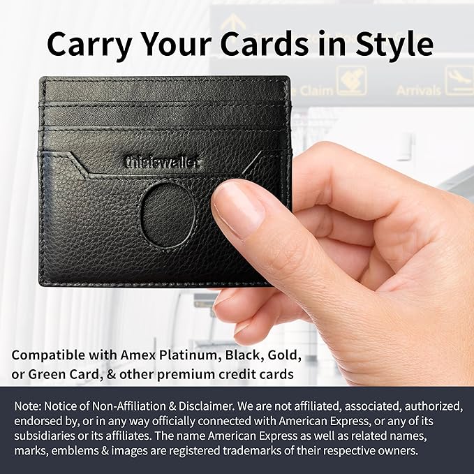 6 Card Minimalist Wallet for Men & Women - Genuine Leather Ultra Thin Black Credit Card Holder - Compatible with Amex Cards