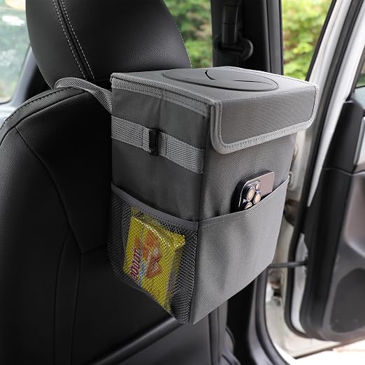 AOKJOY Car Garbage can with lid Leak Proof Vehicle Trash Can 3 Storage Pockets Hanging Waterproof car Trash Bag for SUV Grey