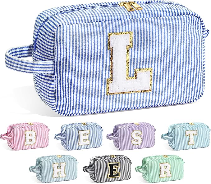 YOOLIFE Birthday Gifts for 6 7 8 9 10 11 12 13 14 15 Year Old Teen Girl - Initial Makeup Bag Letter Toiletry Pouch Cosmetic Case, Personalized Teen Girl Gifts Trendy Stuff Party Favor, Blue L