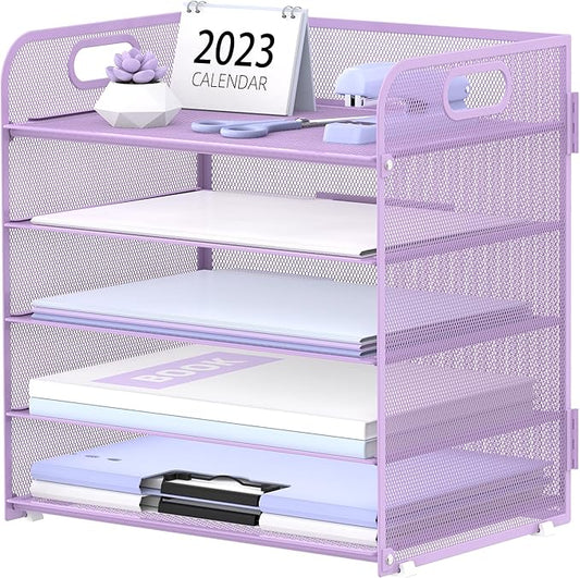 Supeasy 5 Trays Paper Organizer Letter Tray with Handle-Mesh Desk File Holders, Paper Sorter Desk Organizer for Office, Home, Classeoom or School, Purple