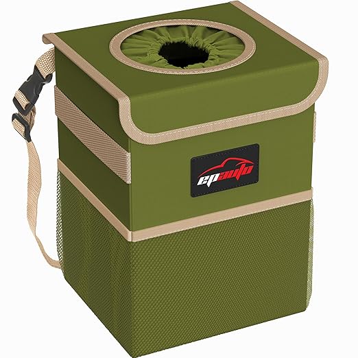 EPAuto Waterproof Car Trash Can with Lid and Storage Pockets, 2.5 Gallon Leakproof, Green