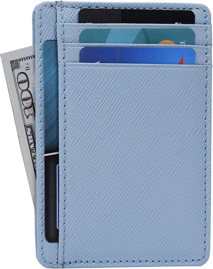 Real Leather Slim Minimalist Wallet for Men and Women -RFID Blocking Front Pocket Thin Credit Card Holder Stylish Wallets (Sky Blue)