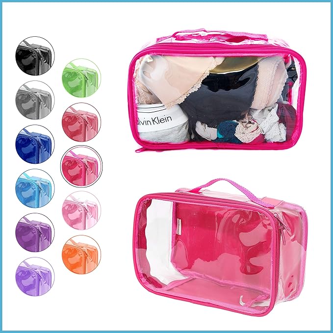 Small Clear Travel Packing Cube/See Through PVC Plastic Pouch for Carry On Suitcase, Backpack or Diaper Bag/Transparent Multipurpose Accessories, Makeup & Underwear Organizer w/Handle (Pink)