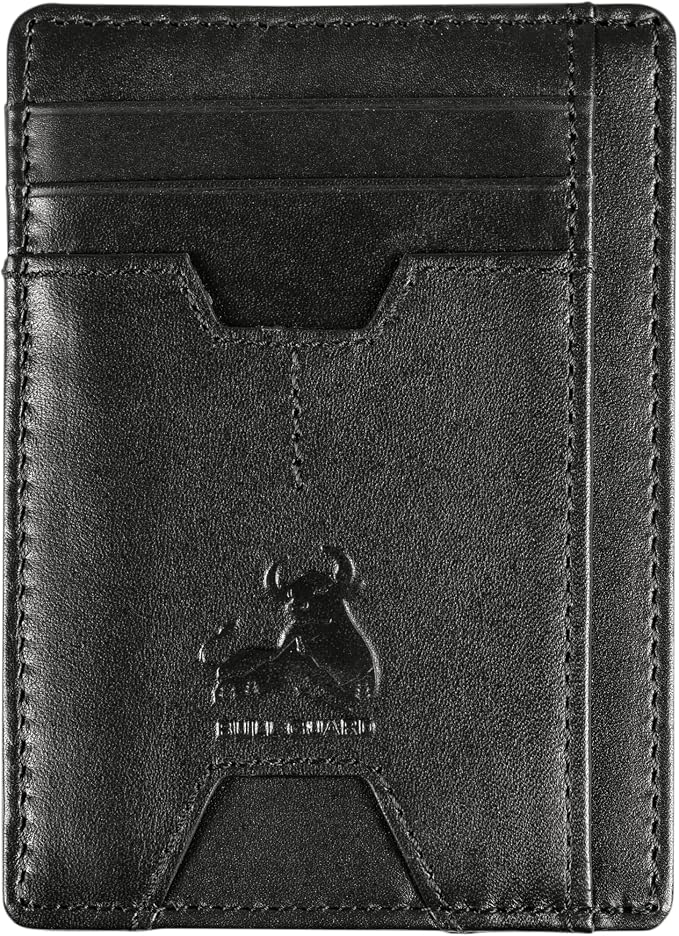 BULL GUARD Mens RFID Blocking Leather Slim Card Case Wallet with Easy Access ID windows, Cash & Card Slots, Crafted with Premium Top Grain Leather Ideal for Travel or Everyday Use (Nappa Black)