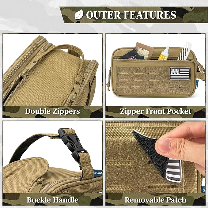 PAVILIA Tactical Toiletry Bag for Men, Water Resistant Molle Military Dopp Kit, Travel Hygiene Organizer with Wet Dry Storage for Shaving, Grooming, Gym and Camping, Tan XL