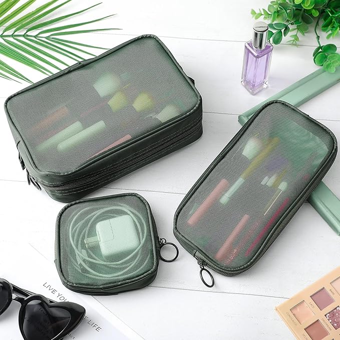 Weewooday 4 Pcs Mesh Makeup Bag Mesh Cosmetic Bag Travel Toiletry Pouch with Zipper Mini Makeup Cosmetic Purse for Daily Accessory(Small, Large, Medium,Olive Green)