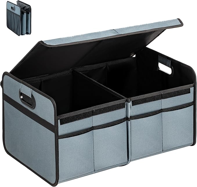 YSSOA 2 Compartments Car Trunk Organizer with Lid, 600D Oxford Polyester Car Storage, Anti-slip Collapsible Trunk Storage, Suitable for SUV, Minivan, Truck, Grey-Green