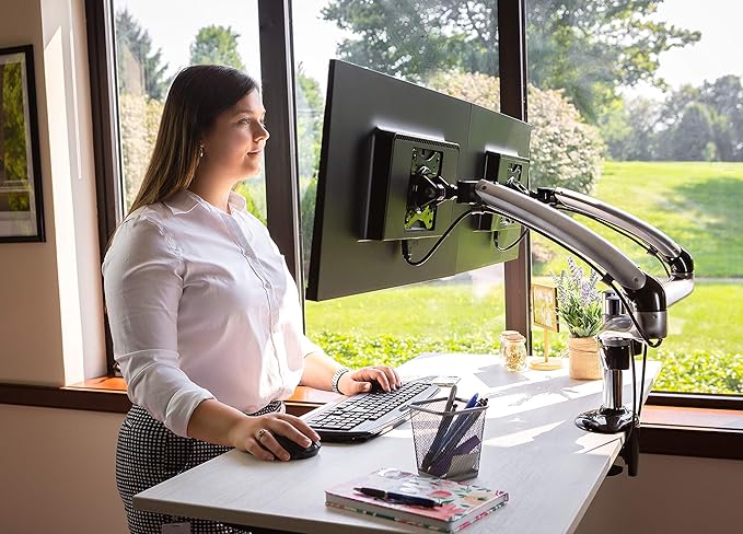 Ergotech Dual Freedom Arm, Includes Two Aluminum Articulating Arms,8.4-17.8 lbs. Weight Capacity per Arm, Suitable for Monitors up to 27'', VESA Compatible 75×75, 100×100,(FDM-PC-G02) -Dual,Metal Gray