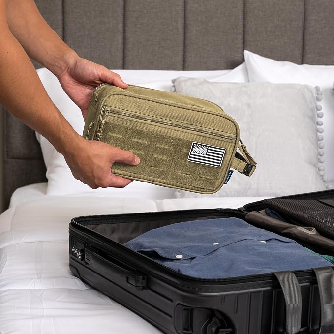 PAVILIA Tactical Toiletry Bag for Men, Water Resistant Molle Military Dopp Kit, Travel Hygiene Organizer with Wet Dry Storage for Shaving, Grooming, Gym and Camping, Tan XL