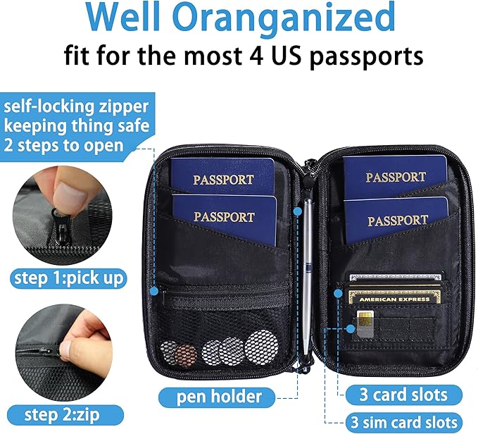 family passport holder for 4 multiple passport bag passport wallet for travel passport cover rfid blocking for women waterproof wallet with zipper passport case for men (solid black)