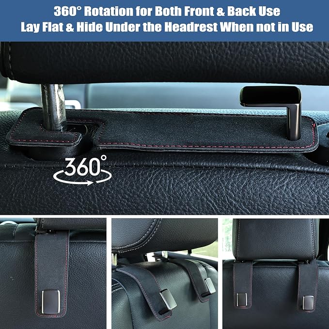 Amooca Car Seat Back Hook Universal Auto Storage Hanger Suede with Metal Car Seat Organizer for Handbag Purse Coat Umbrellas Grocery Bags 2 Pack Black