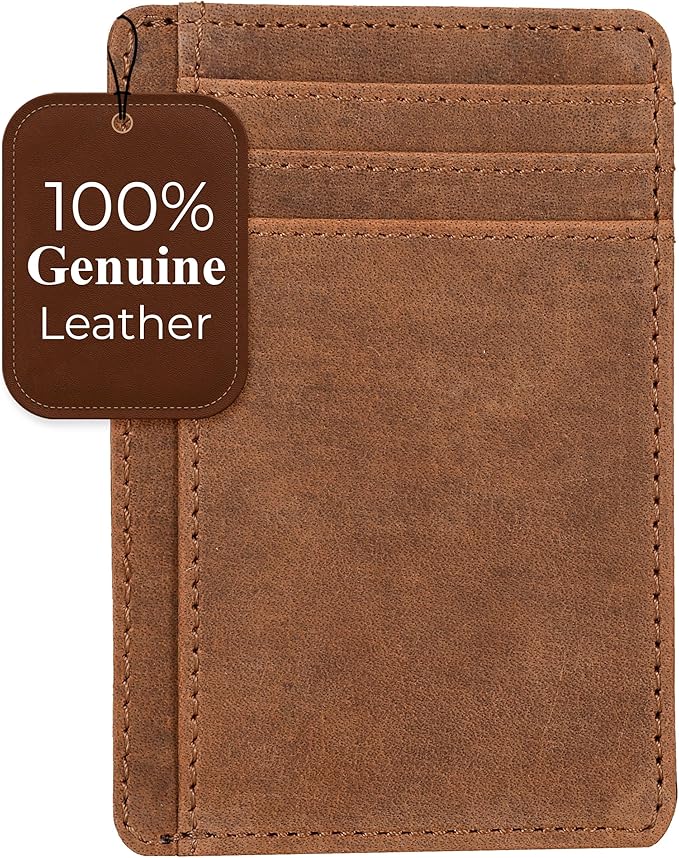 Real Leather Slim Minimalist Wallet for Men and Women -RFID Blocking Front Pocket Thin Credit Card Holder Stylish Wallets (Dark Cognac)