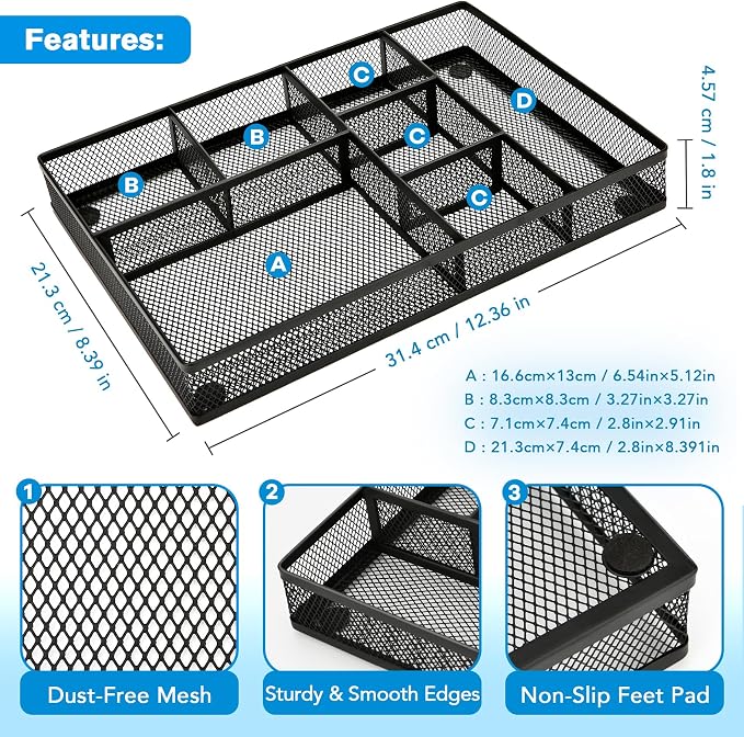 shenee Desk Drawer Organizer Tray,Drawer Organizer for Office and Home,Desk Organizer with Drawers,7 Compartments,Non-Slip Desk Organizers (Black, 12.3" L x 8.3" W x 1.8" H)