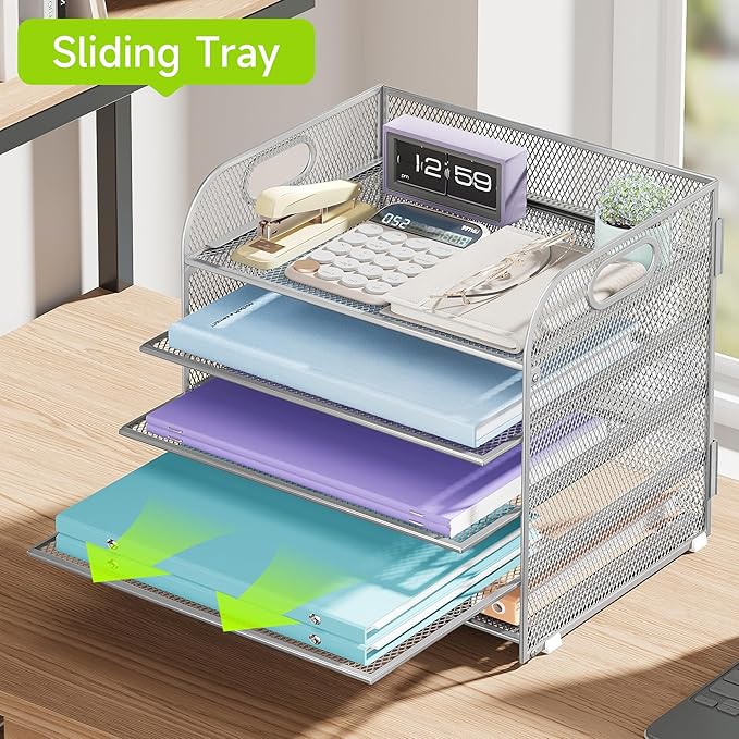 Cawukege 5 Tier Paper Organizer with Handle, Silver Metal Mesh Desk Organizer File Folder Paper Letter Tray Desktop Document Sorter for Classroom, School, Office Accessories Organization and Storage
