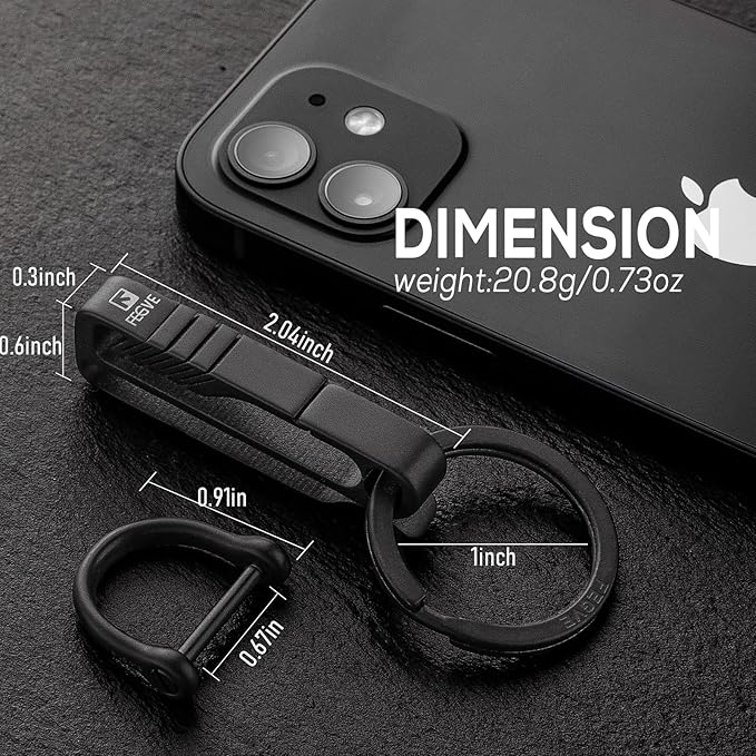 FEGVE Titanium Key Belt Clip with Key Ring, Belt Key Holder Key Chain Clip Black Keychain for Men