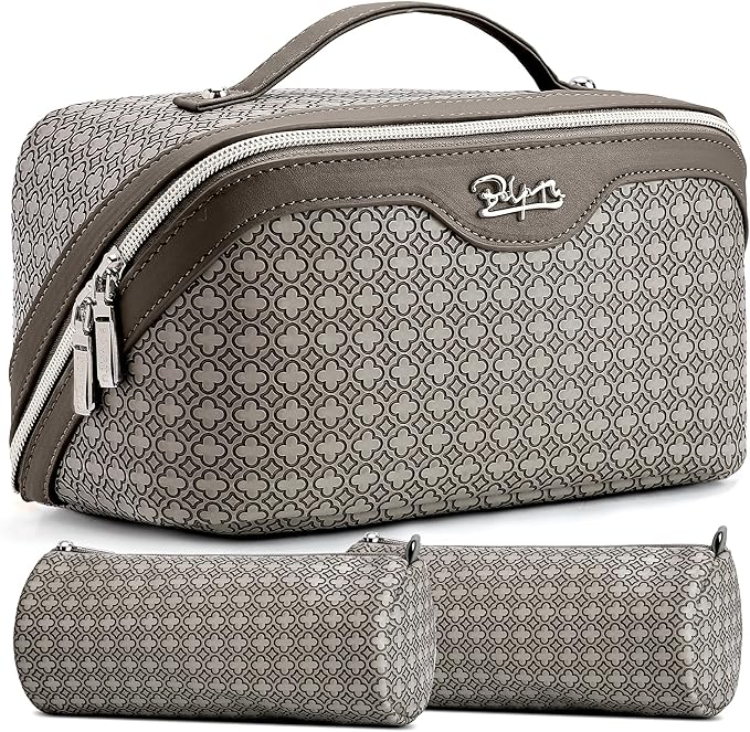 BOYATU Travel Makeup Bag for Women: Four Leaf Clover Large Capacity 3 Pcs Set Cosmetic Bags - Waterproof 50% Extra Space for Toiletry Organizer - Travel Essentials for Fortunate (07 Khaki)