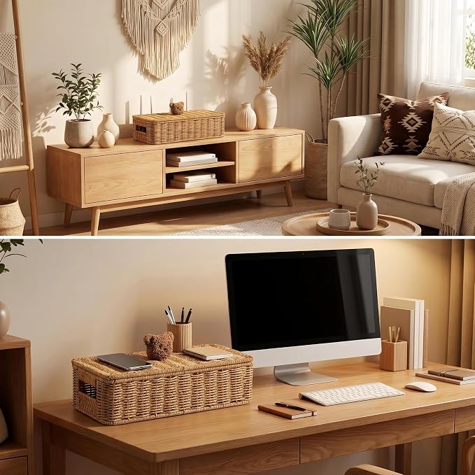 Cable Management Box,Handmade Rattan Cable Organizer, Open Slots Cords Hider Box Cord Basket Under Desk Cord Organizer for Computer Router USB Hub & Power Strip(Large Size 14")