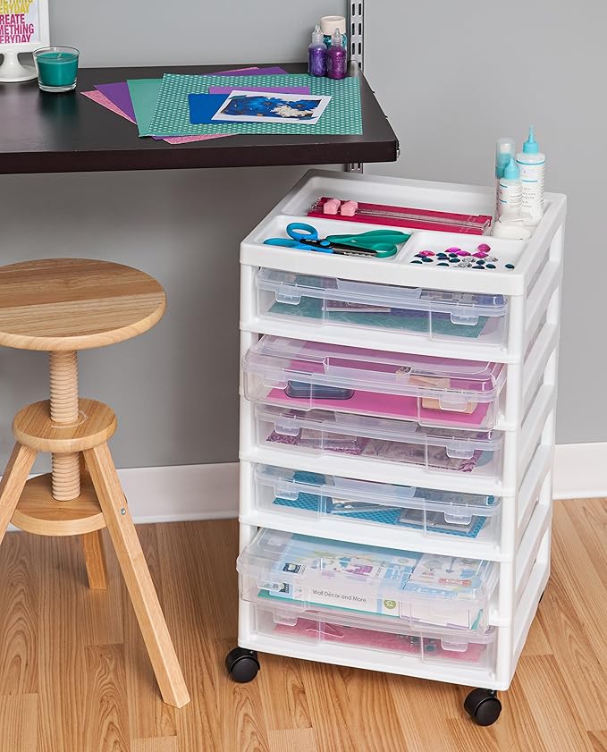 IRIS USA Fits 12" x 12" Paper, 6-Tier Scrapbook Rolling Storage Cart with Organizer for Stationery Vinyl Tools Office Art and Craft Supplies, Yarn, 6 Clear Cases w/Built in Handle - White/Clear